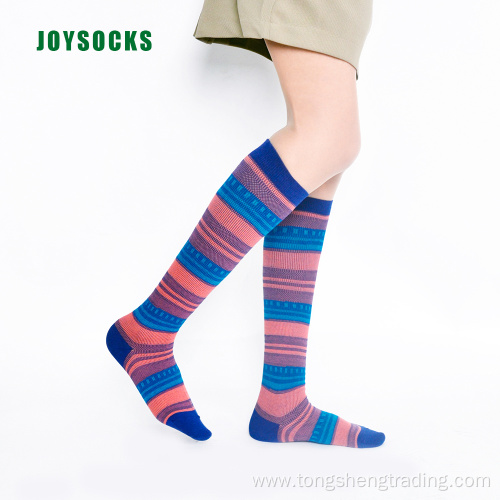 Knee high geometric square happy striped lady's socks